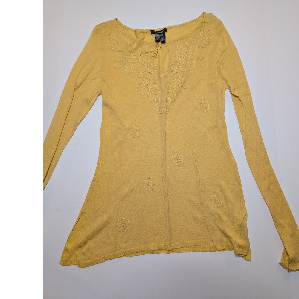 7 Sisters Yellow Embroidered Knit‎ Tunic Top Long Sleeve Tie Neck Boho W Small